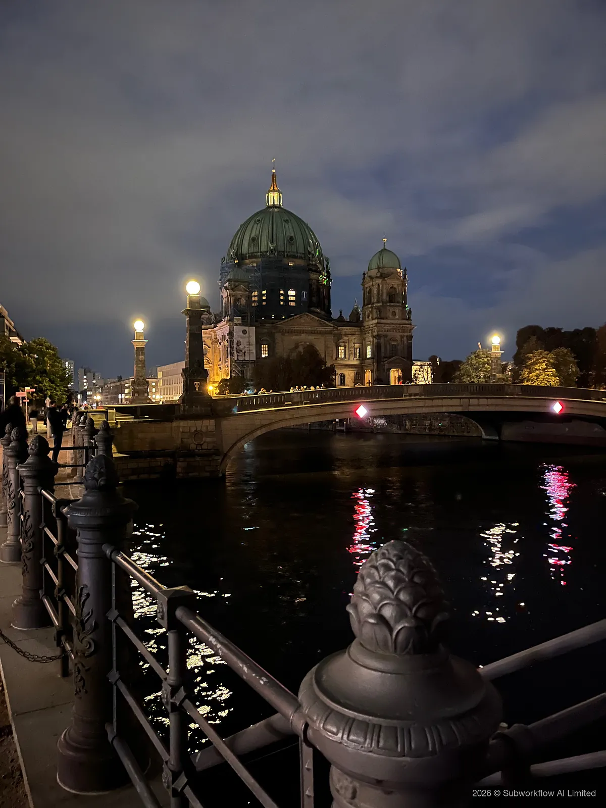 The Berliner Dom and the Spree at dusk, from a bridge