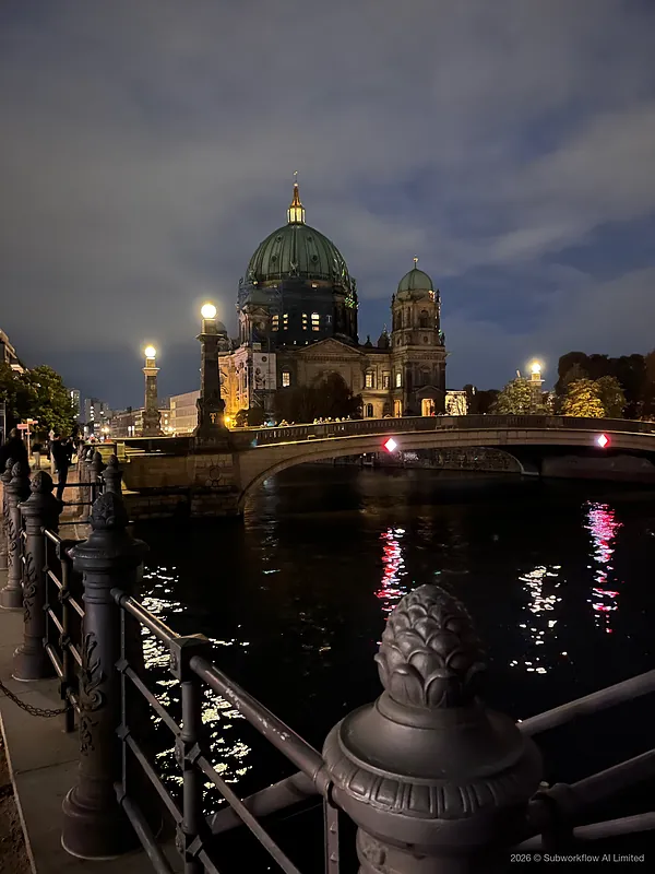 The Berliner Dom and the Spree at dusk, from a bridge