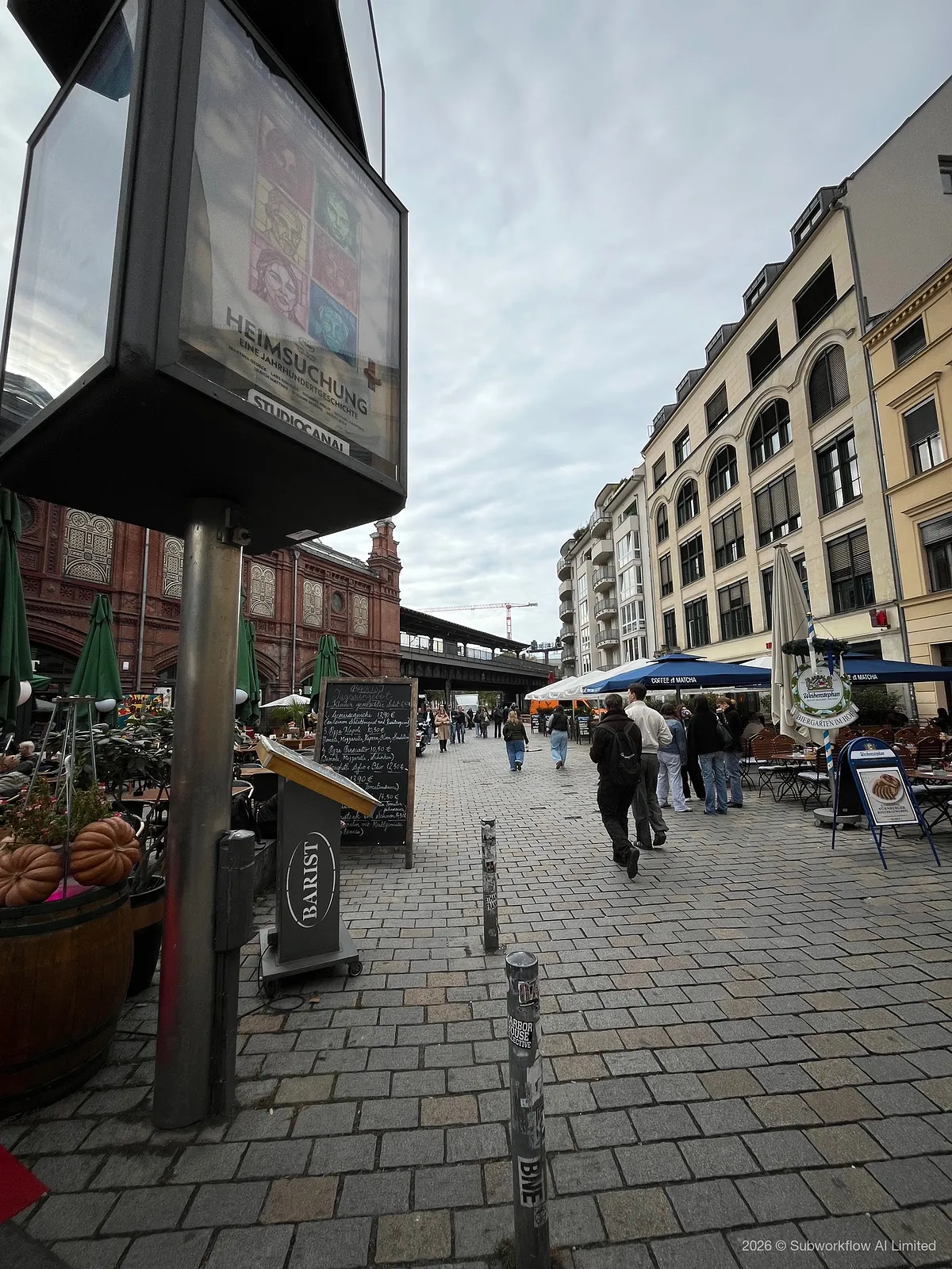 Cafés and market stalls on a cobbled street by Hackescher Markt station