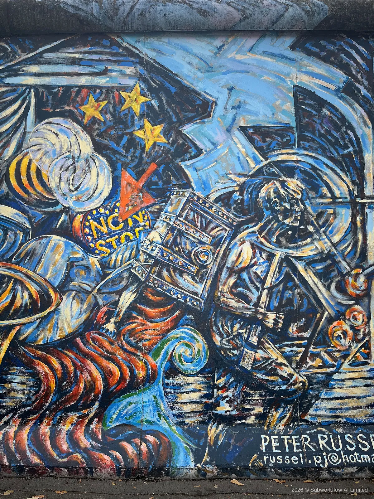 A mural on the East Side Gallery, signed Peter Russell